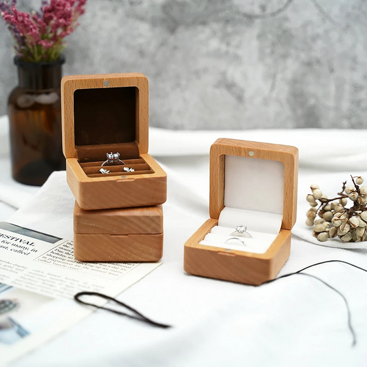 Personalized Custom-made Double Slot Wooden Wedding Ring Box - Brown Interior Suede