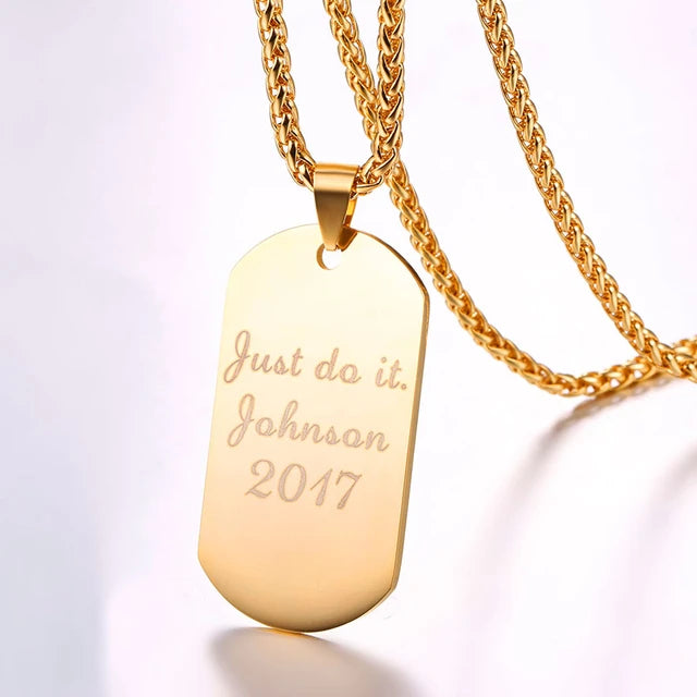 Personalized Custom-made Fashion Necklace, Stainless Steel Permanently Engraved Army Dog Tag for Men - Gold