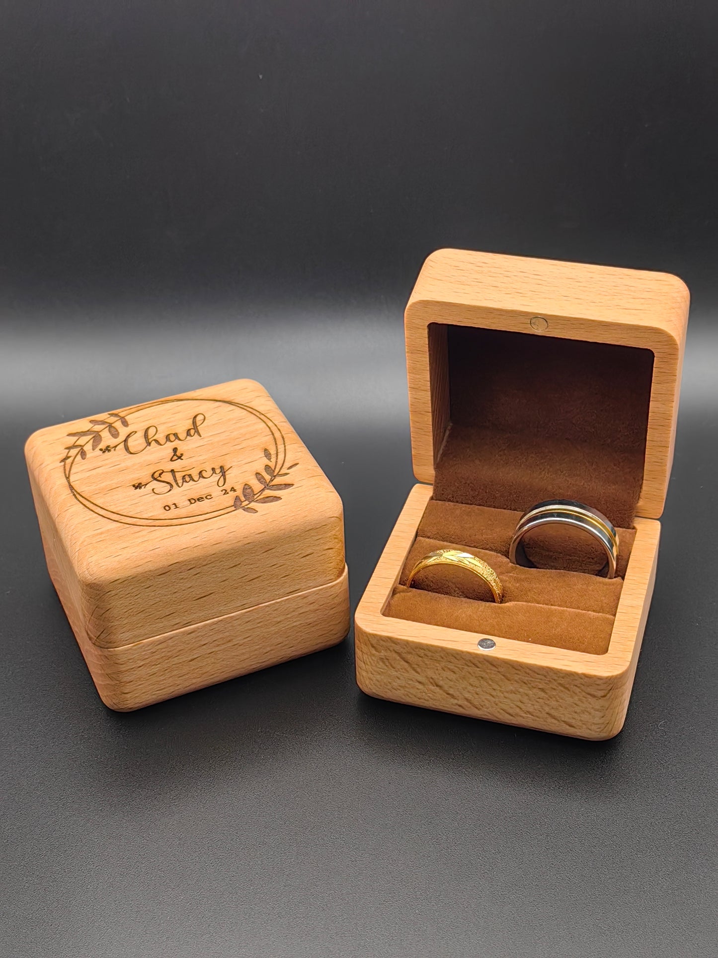 Personalized Custom-made Double Slot Wooden Wedding Ring Box - Brown Interior Suede