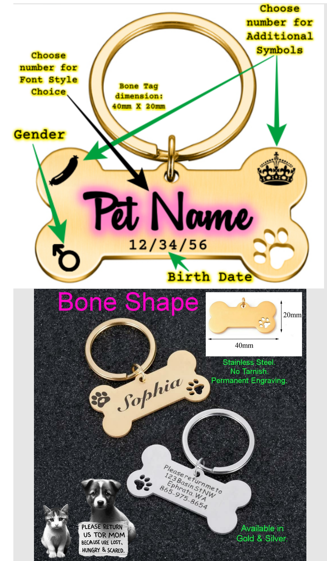 Personalized Custom-made Anti-lost Pet Tag Stainless Steel Bone Shape