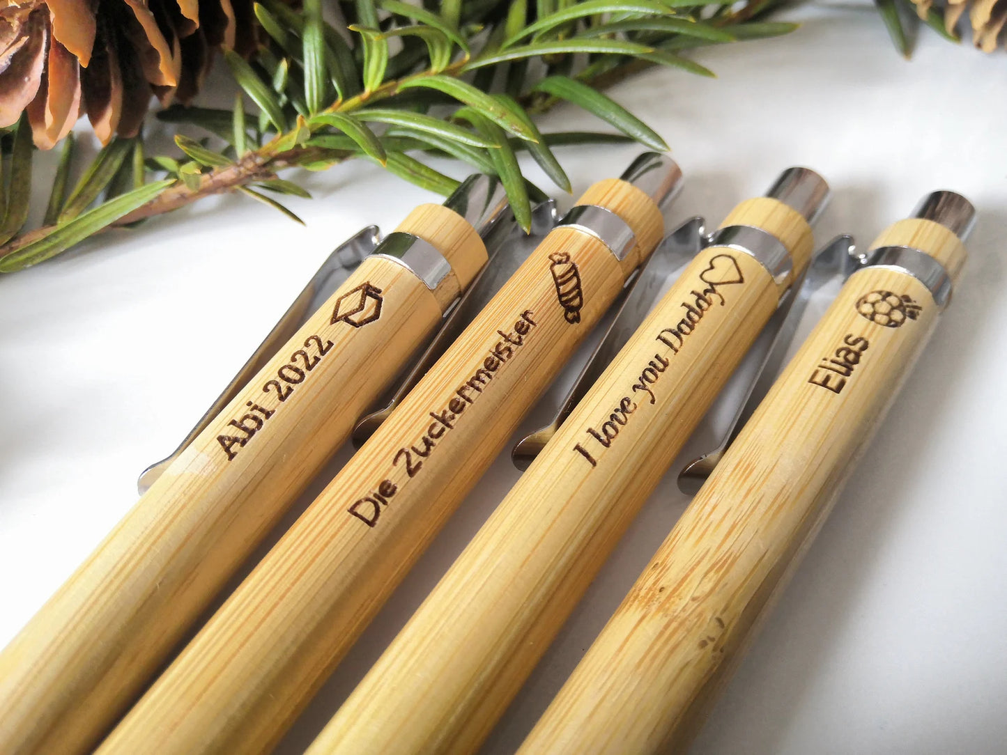 Personalized Custom-made Push Button Bamboo Pen - Blue Ink