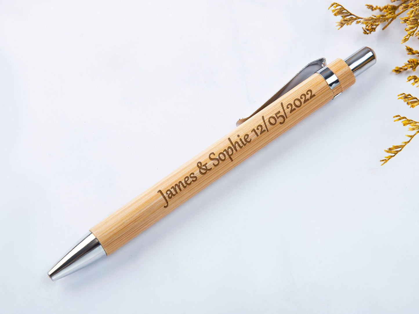 Personalized Custom-made Push Button Bamboo Pen - Blue Ink