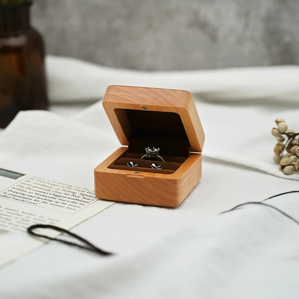 Personalized Custom-made Double Slot Wooden Wedding Ring Box - Brown Interior Suede