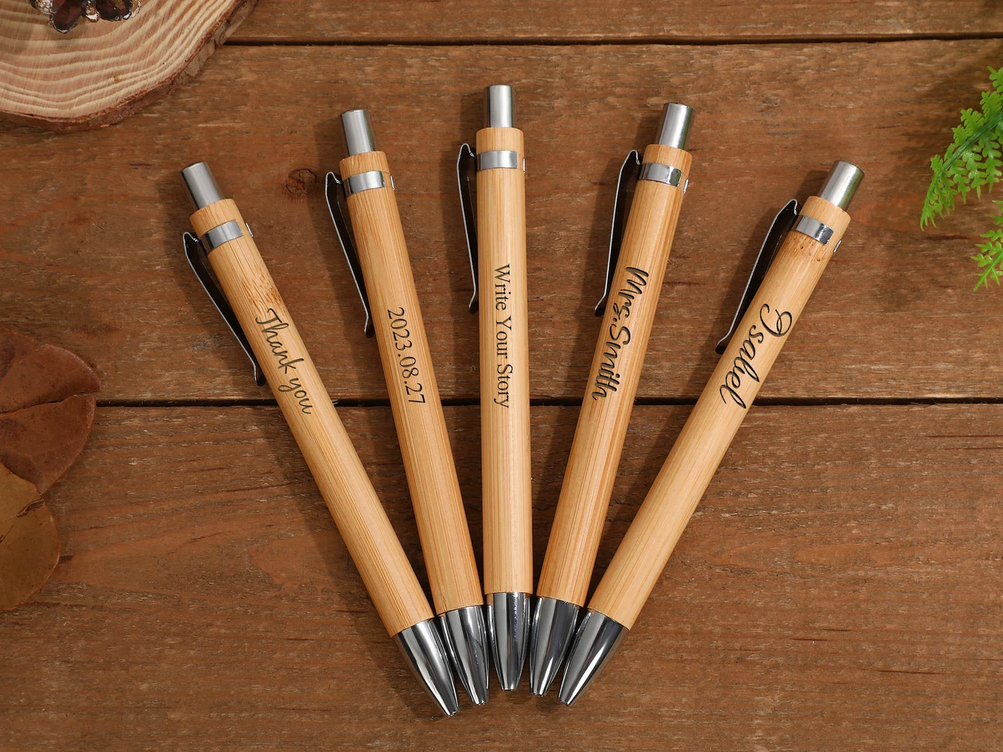 Personalized Custom-made Push Button Bamboo Pen - Blue Ink